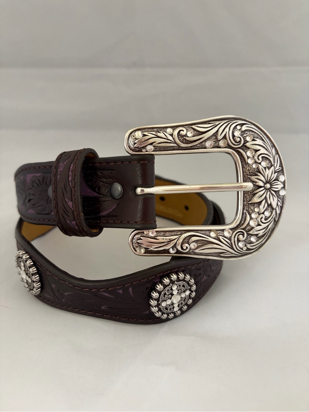 Ariat Dark Brown Leather Western Belt Sz 24 Ornate Silver Buckle and  Conchos